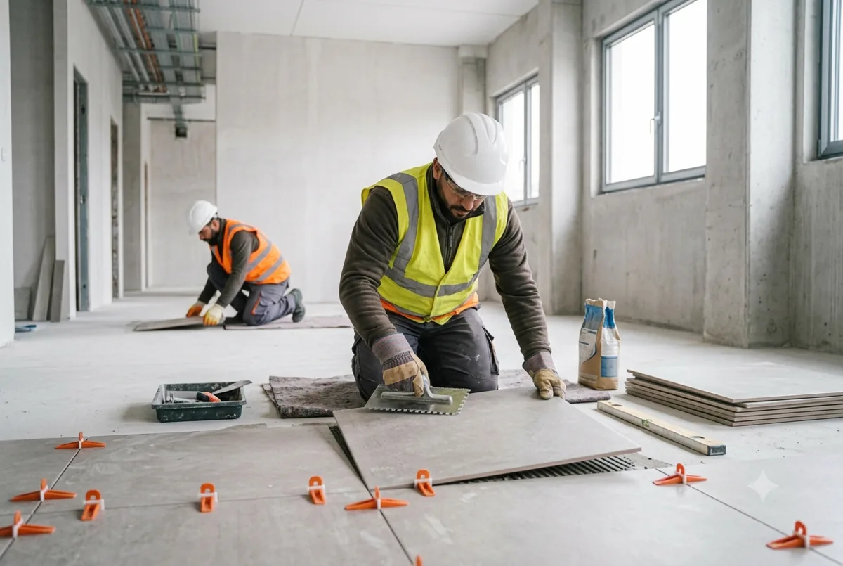 Carreleur posant du carrelage grand format dans un bâtiment en construction en France