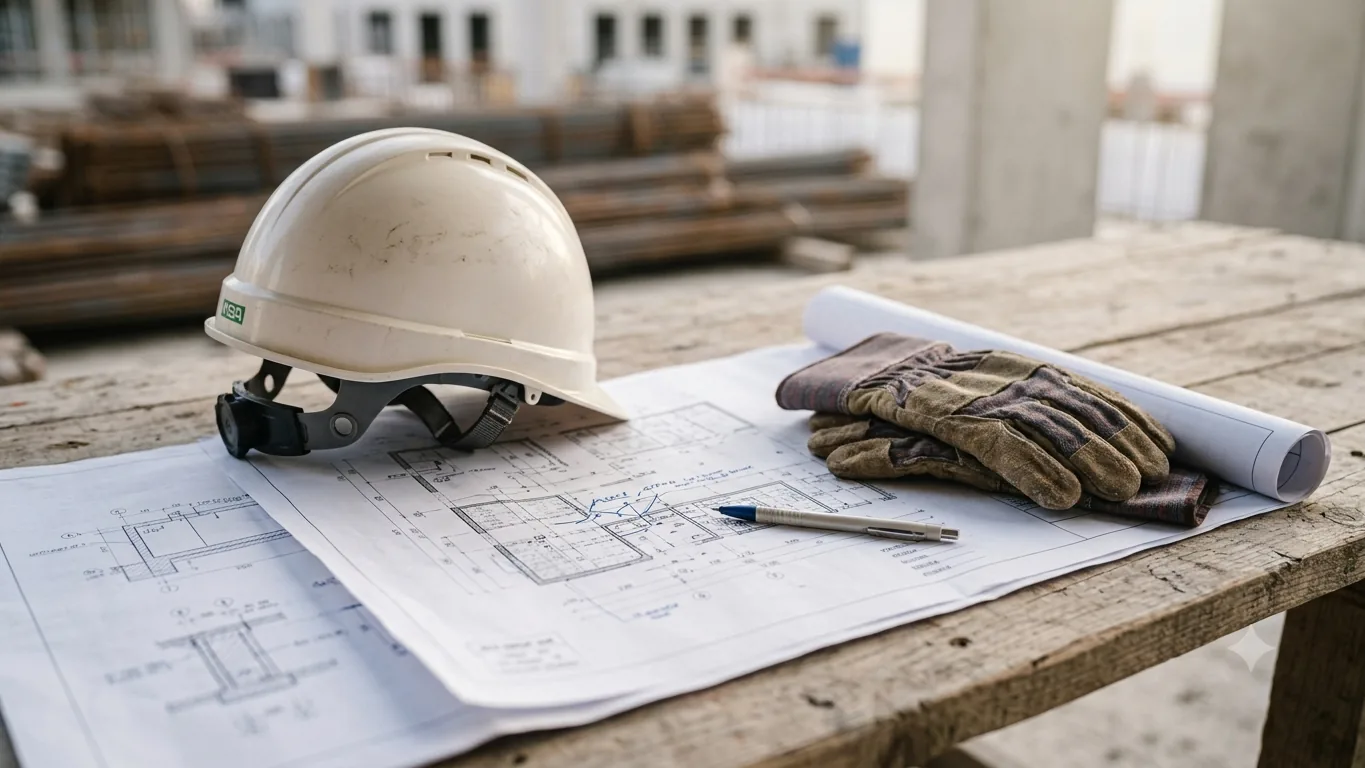 Casque de chantier et gants posés sur des plans de construction