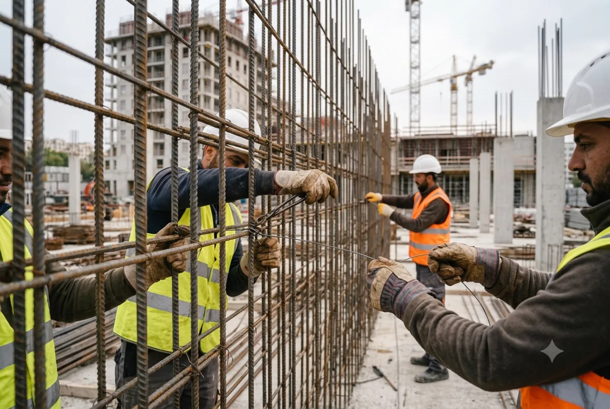 Ferrailleurs ligaturant une cage d'armatures sur un chantier de gros œuvre en France