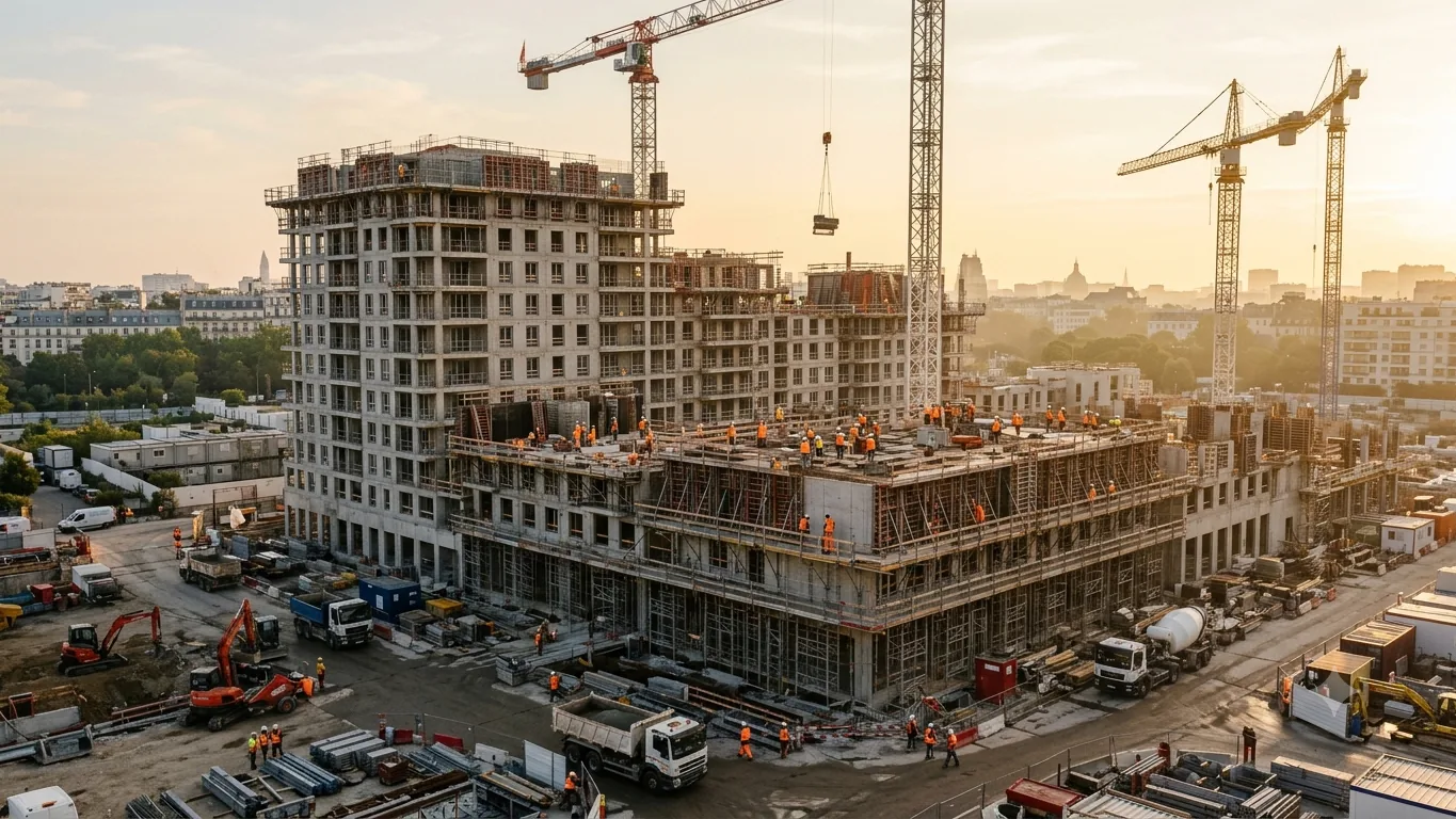 Chantier de construction d'un immeuble résidentiel en France avec grues et équipes en intervention