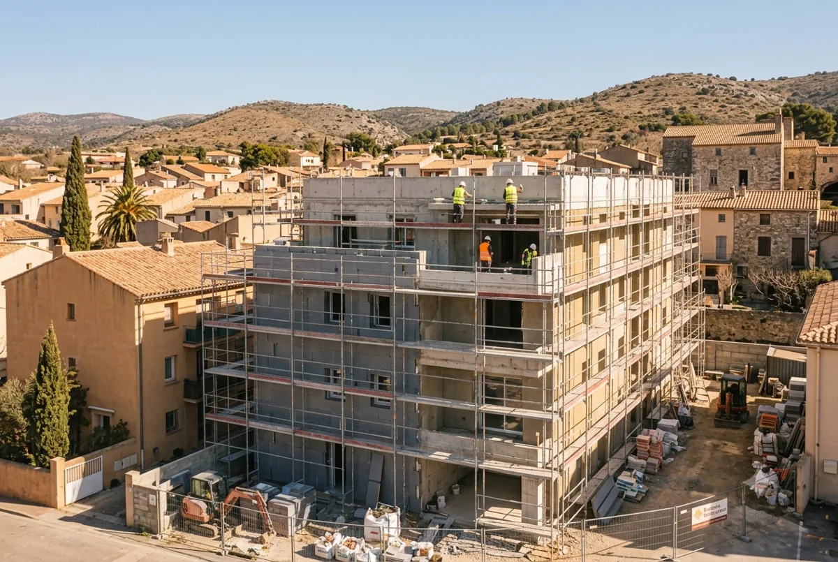 Chantier de construction d'un immeuble dans un village d'Occitanie méditerranéenne, collines et sud de la France