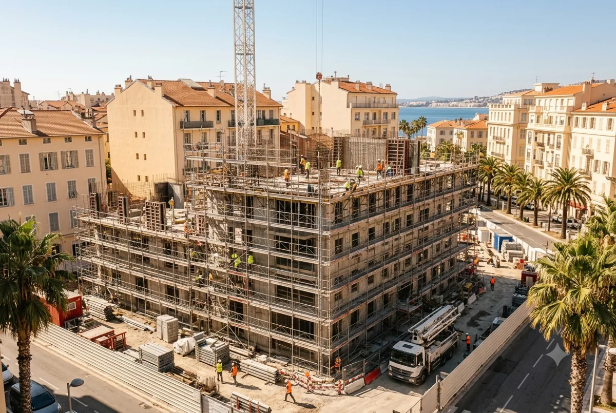 Chantier de construction dans le Sud-Est de la France, personnel BTP en intervention